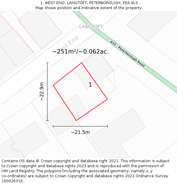 1, WEST END, LANGTOFT, PETERBOROUGH, PE6 9LS: Plot and title map