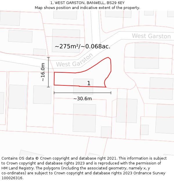 1, WEST GARSTON, BANWELL, BS29 6EY: Plot and title map