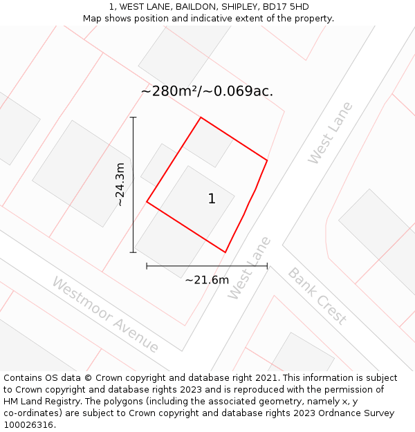 1, WEST LANE, BAILDON, SHIPLEY, BD17 5HD: Plot and title map