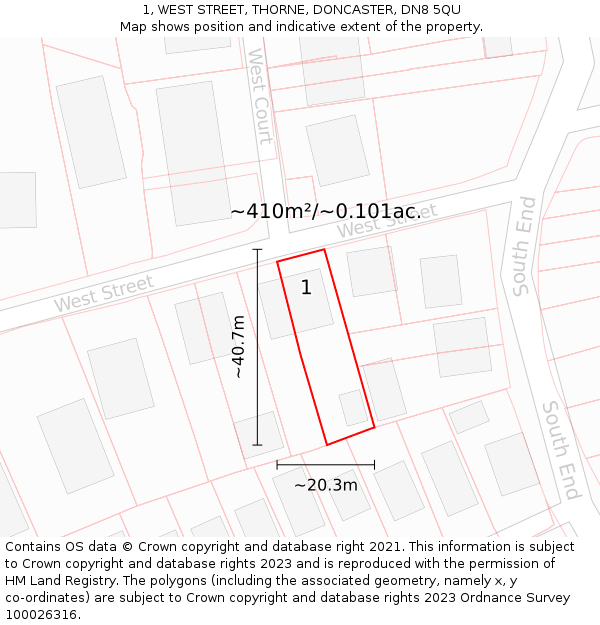 1, WEST STREET, THORNE, DONCASTER, DN8 5QU: Plot and title map