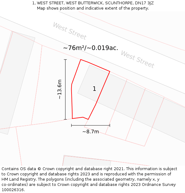 1, WEST STREET, WEST BUTTERWICK, SCUNTHORPE, DN17 3JZ: Plot and title map