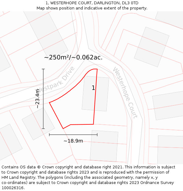 1, WESTERHOPE COURT, DARLINGTON, DL3 0TD: Plot and title map