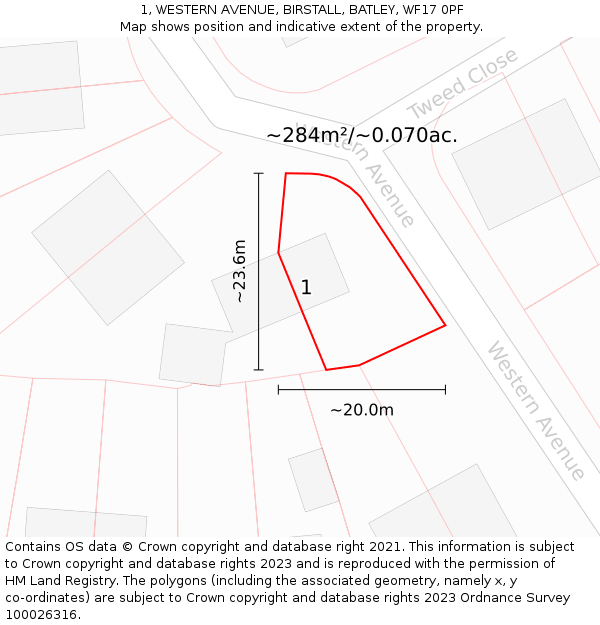 1, WESTERN AVENUE, BIRSTALL, BATLEY, WF17 0PF: Plot and title map