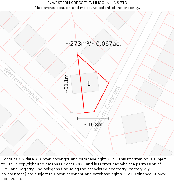 1, WESTERN CRESCENT, LINCOLN, LN6 7TD: Plot and title map