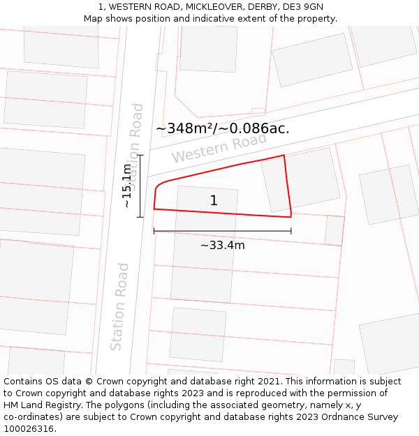 1, WESTERN ROAD, MICKLEOVER, DERBY, DE3 9GN: Plot and title map