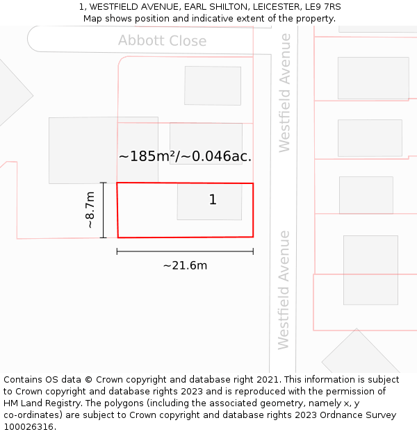 1, WESTFIELD AVENUE, EARL SHILTON, LEICESTER, LE9 7RS: Plot and title map