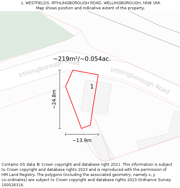 1, WESTFIELDS, IRTHLINGBOROUGH ROAD, WELLINGBOROUGH, NN8 1RA: Plot and title map