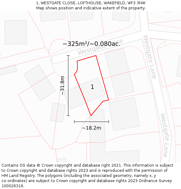 1, WESTGATE CLOSE, LOFTHOUSE, WAKEFIELD, WF3 3NW: Plot and title map