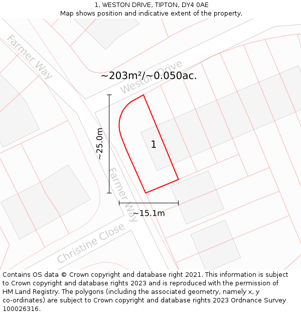 1, WESTON DRIVE, TIPTON, DY4 0AE: Plot and title map