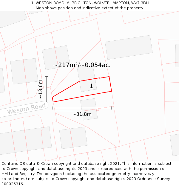 1, WESTON ROAD, ALBRIGHTON, WOLVERHAMPTON, WV7 3DH: Plot and title map