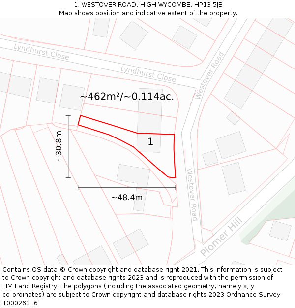 1, WESTOVER ROAD, HIGH WYCOMBE, HP13 5JB: Plot and title map