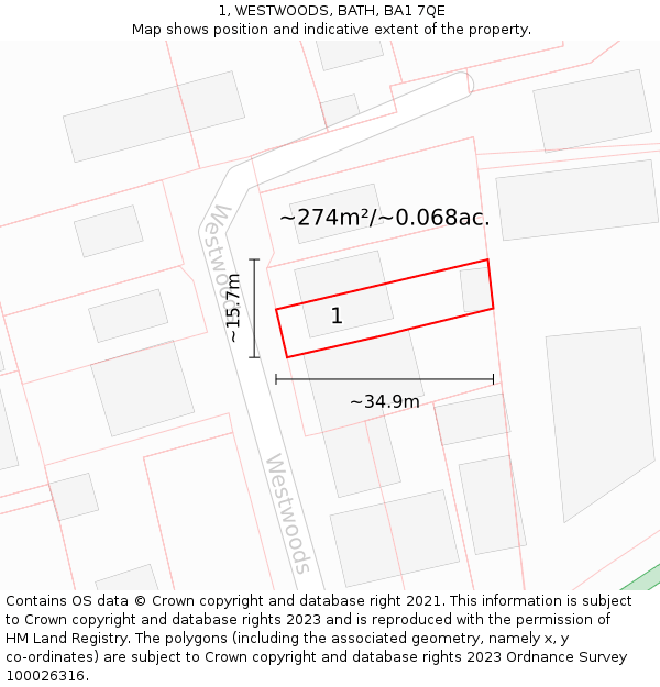 1, WESTWOODS, BATH, BA1 7QE: Plot and title map