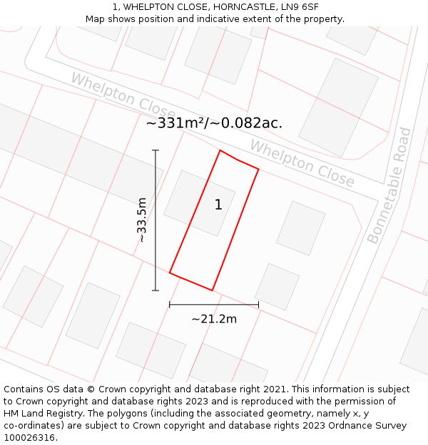 1, WHELPTON CLOSE, HORNCASTLE, LN9 6SF: Plot and title map