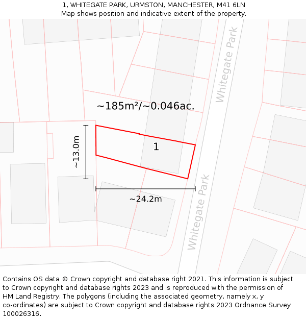 1, WHITEGATE PARK, URMSTON, MANCHESTER, M41 6LN: Plot and title map