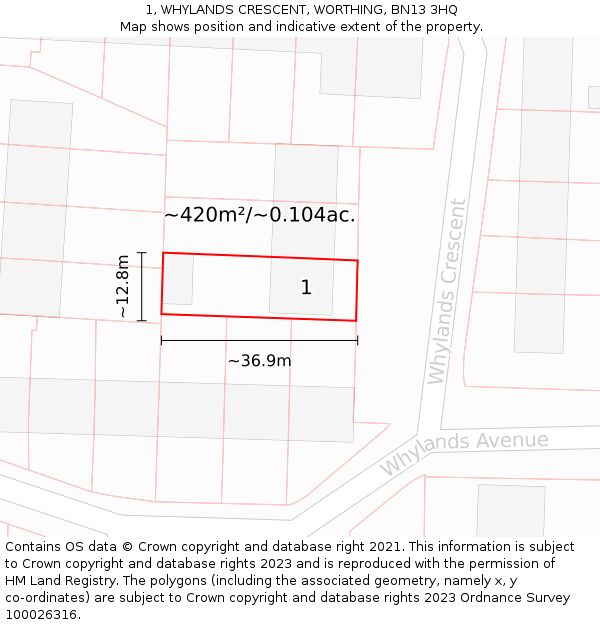 1, WHYLANDS CRESCENT, WORTHING, BN13 3HQ: Plot and title map