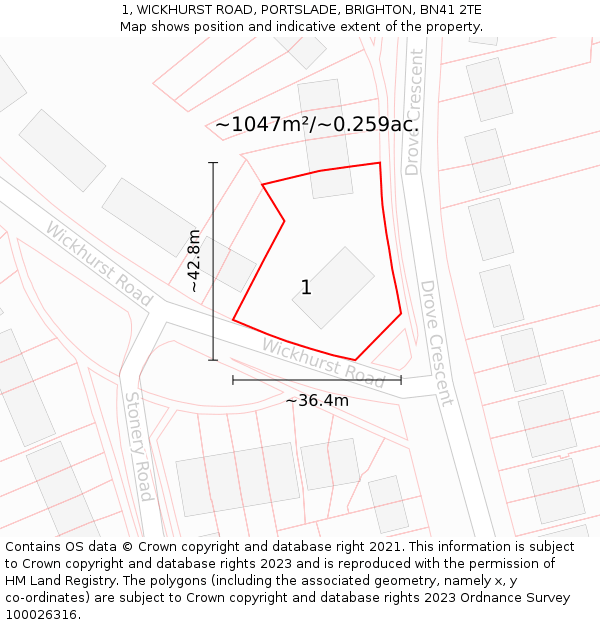 1, WICKHURST ROAD, PORTSLADE, BRIGHTON, BN41 2TE: Plot and title map