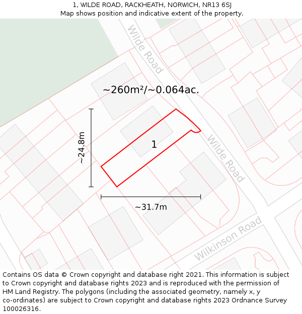 1, WILDE ROAD, RACKHEATH, NORWICH, NR13 6SJ: Plot and title map