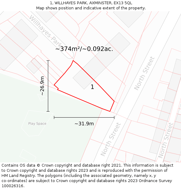 1, WILLHAYES PARK, AXMINSTER, EX13 5QL: Plot and title map