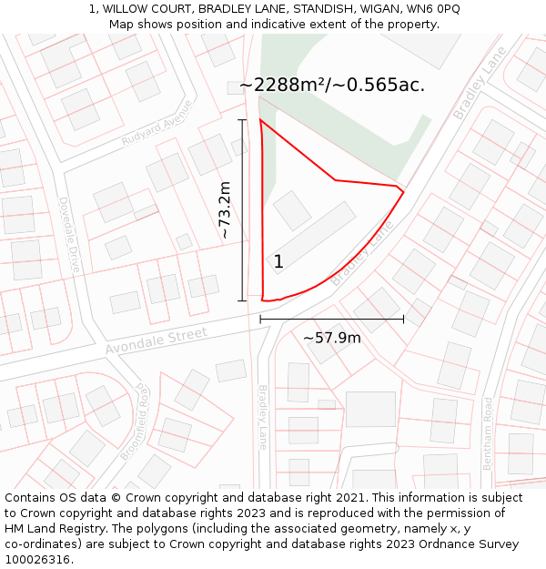 1, WILLOW COURT, BRADLEY LANE, STANDISH, WIGAN, WN6 0PQ: Plot and title map