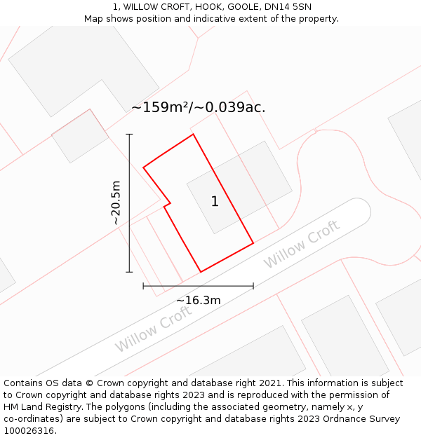 1, WILLOW CROFT, HOOK, GOOLE, DN14 5SN: Plot and title map