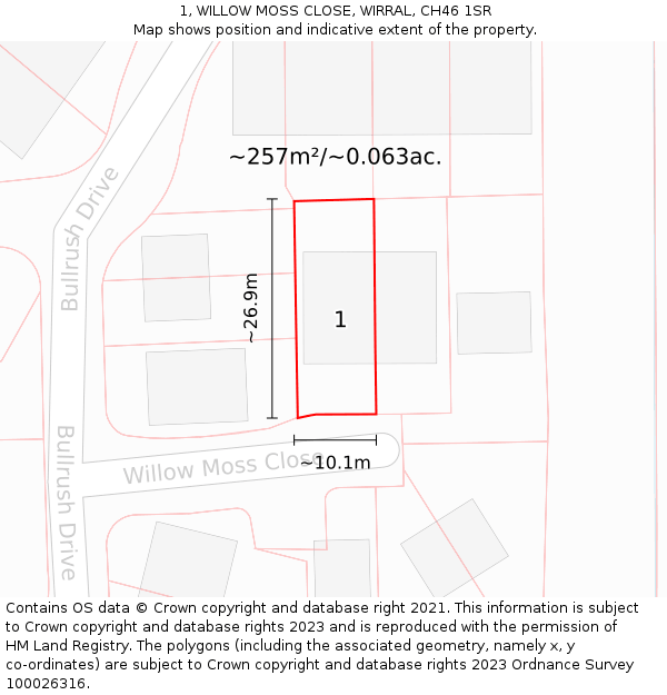 1, WILLOW MOSS CLOSE, WIRRAL, CH46 1SR: Plot and title map