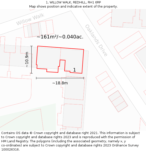 1, WILLOW WALK, REDHILL, RH1 6RP: Plot and title map