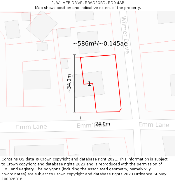 1, WILMER DRIVE, BRADFORD, BD9 4AR: Plot and title map