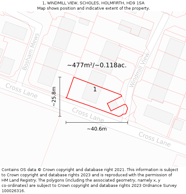 1, WINDMILL VIEW, SCHOLES, HOLMFIRTH, HD9 1SA: Plot and title map