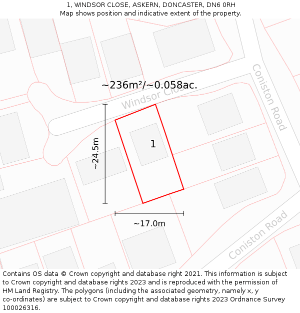 1, WINDSOR CLOSE, ASKERN, DONCASTER, DN6 0RH: Plot and title map