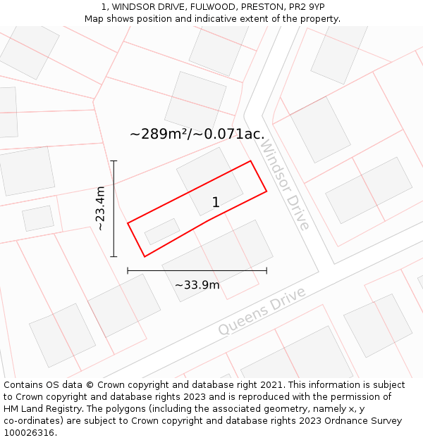 1, WINDSOR DRIVE, FULWOOD, PRESTON, PR2 9YP: Plot and title map