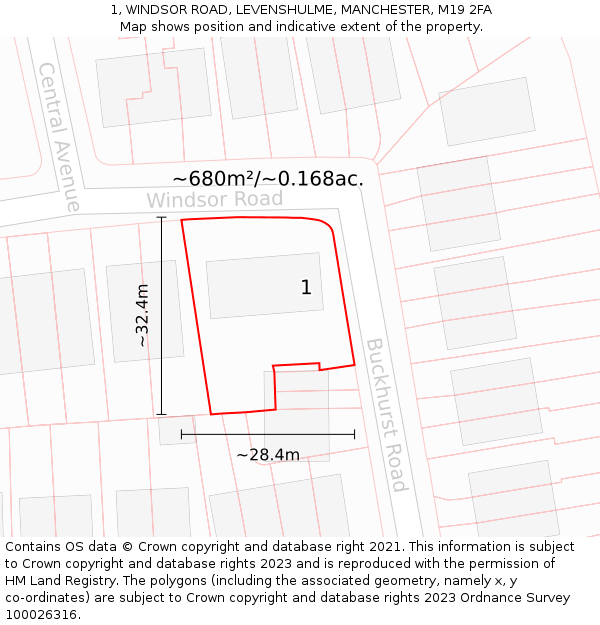1, WINDSOR ROAD, LEVENSHULME, MANCHESTER, M19 2FA: Plot and title map