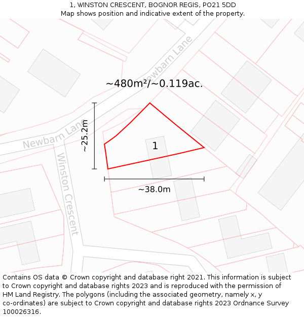 1, WINSTON CRESCENT, BOGNOR REGIS, PO21 5DD: Plot and title map