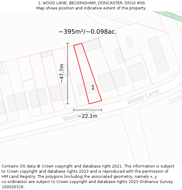 1, WOOD LANE, BECKINGHAM, DONCASTER, DN10 4NS: Plot and title map