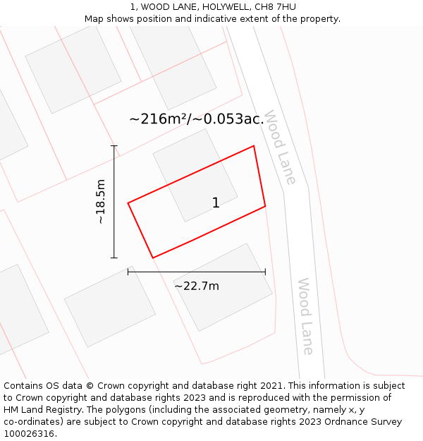 1, WOOD LANE, HOLYWELL, CH8 7HU: Plot and title map