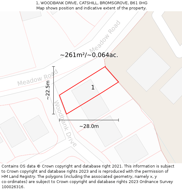 1, WOODBANK DRIVE, CATSHILL, BROMSGROVE, B61 0HG: Plot and title map