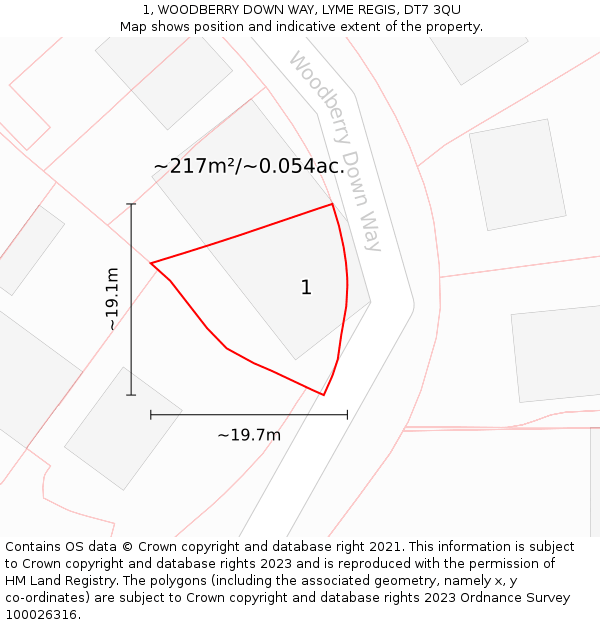 1, WOODBERRY DOWN WAY, LYME REGIS, DT7 3QU: Plot and title map