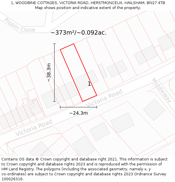 1, WOODBINE COTTAGES, VICTORIA ROAD, HERSTMONCEUX, HAILSHAM, BN27 4TB: Plot and title map