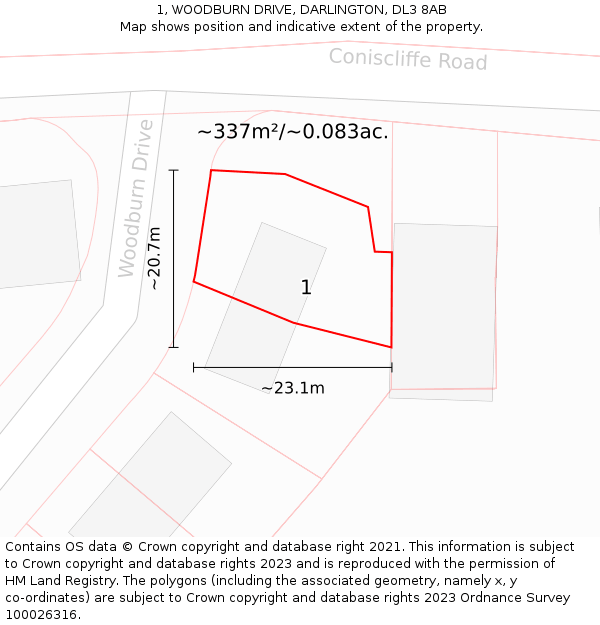 1, WOODBURN DRIVE, DARLINGTON, DL3 8AB: Plot and title map