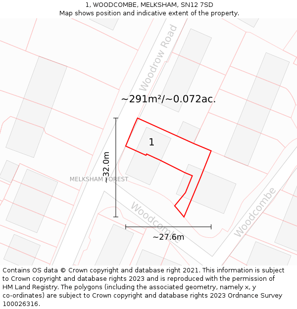 1, WOODCOMBE, MELKSHAM, SN12 7SD: Plot and title map