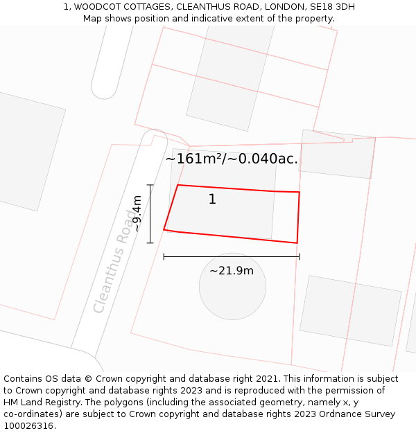 1, WOODCOT COTTAGES, CLEANTHUS ROAD, LONDON, SE18 3DH: Plot and title map