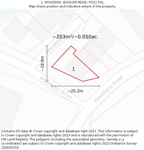 1, WOODEND, BOGNOR REGIS, PO21 5NL: Plot and title map