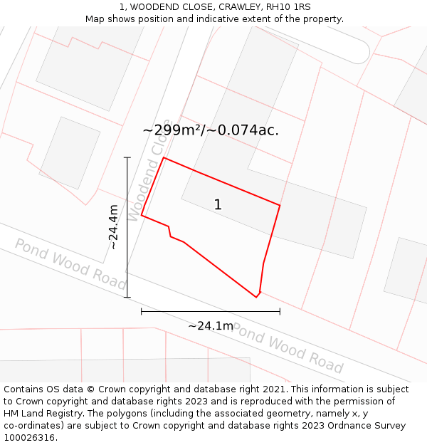 1, WOODEND CLOSE, CRAWLEY, RH10 1RS: Plot and title map