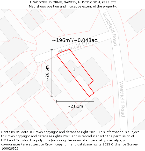 1, WOODFIELD DRIVE, SAWTRY, HUNTINGDON, PE28 5TZ: Plot and title map