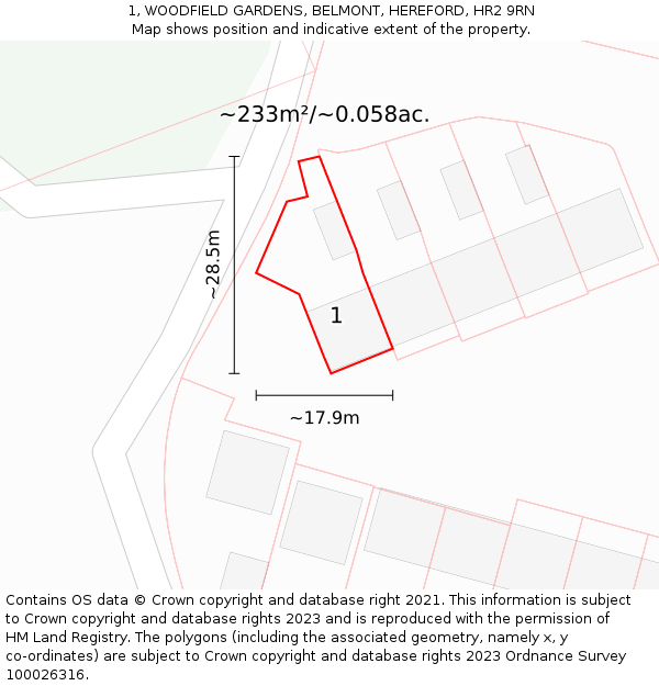 1, WOODFIELD GARDENS, BELMONT, HEREFORD, HR2 9RN: Plot and title map