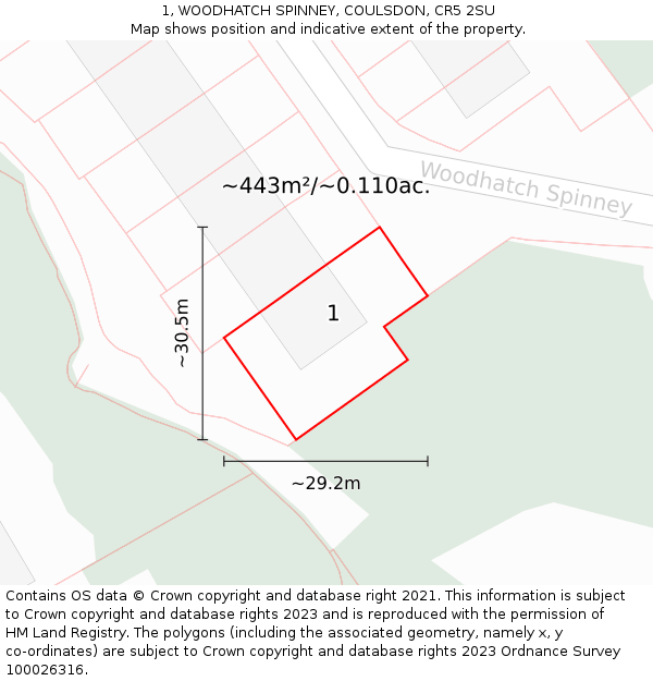 1, WOODHATCH SPINNEY, COULSDON, CR5 2SU: Plot and title map