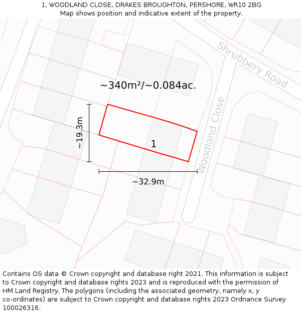 1, WOODLAND CLOSE, DRAKES BROUGHTON, PERSHORE, WR10 2BG: Plot and title map