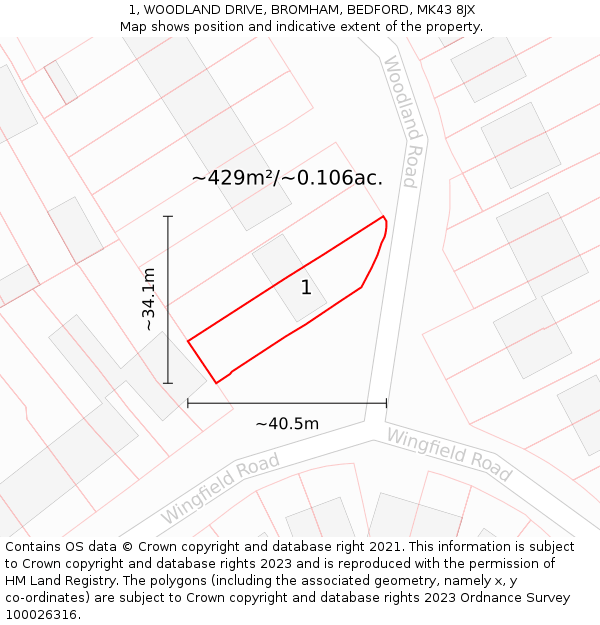 1, WOODLAND DRIVE, BROMHAM, BEDFORD, MK43 8JX: Plot and title map