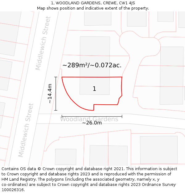 1, WOODLAND GARDENS, CREWE, CW1 4JS: Plot and title map