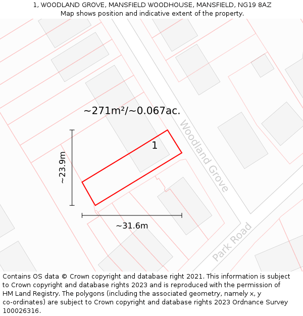 1, WOODLAND GROVE, MANSFIELD WOODHOUSE, MANSFIELD, NG19 8AZ: Plot and title map