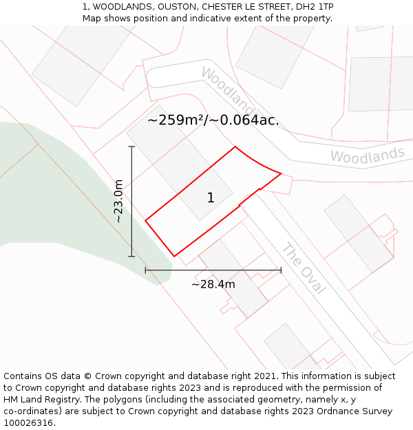 1, WOODLANDS, OUSTON, CHESTER LE STREET, DH2 1TP: Plot and title map